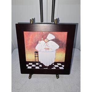 Jennifer Garant “Fat Chef with Spaghetti” Framed Ceramic Tile Trivet / Wall